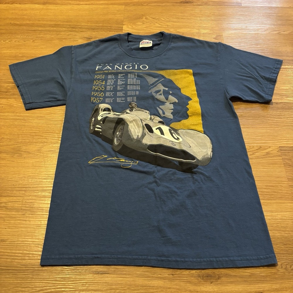 VTG 90s Juan Manuel Fangio T-Shirt Medium F1 Racing Mercedes Blue Hanes Beefy